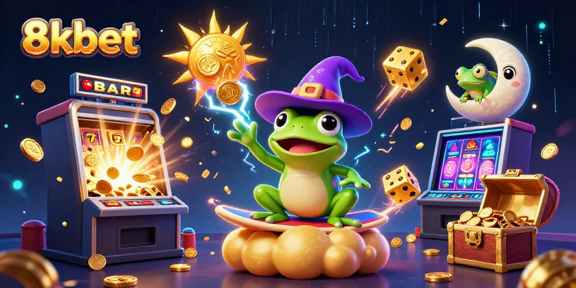 Engage with 8xbet’s vibrant 3D illustration showcasing a magical casino scene filled with coins, characters, and gaming elements.
