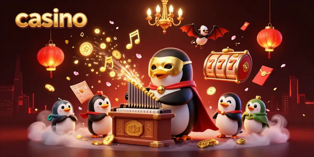 Experience a vibrant casino scene with a cartoon penguin playing the organ amidst gold coins and lucky symbols.