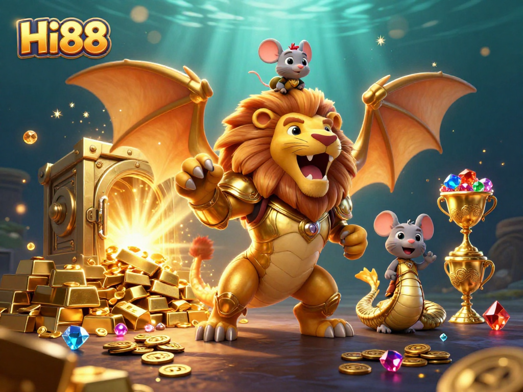 Experience thrilling gameplay with Hi88's golden treasure and mystical creatures in vibrant casino art.