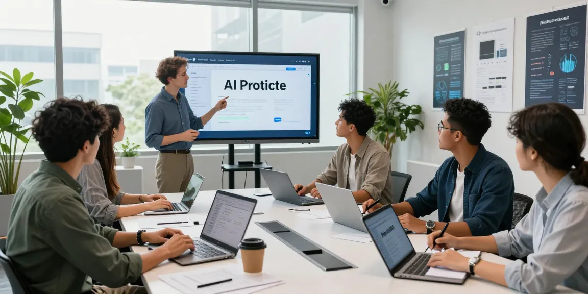 Team using AI productivity tools in a modern office environment, showcasing collaboration and innovation.