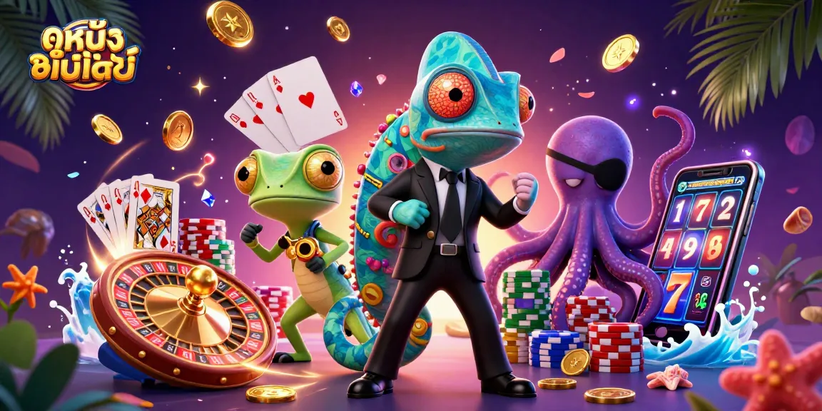 Engage in ดูหนังออนไลน์ with a vibrant casino scene featuring a chameleon, gecko, and octopus amidst swirling lights.