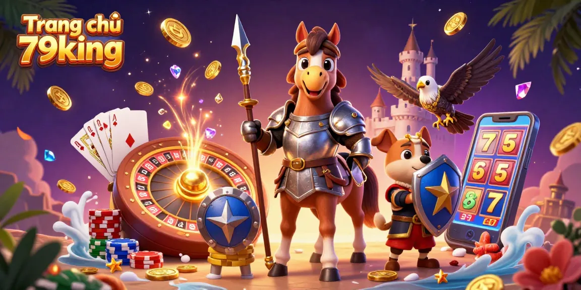 Experience the thrill of gaming at Trang chủ 79king with a vibrant 3D casino scene featuring medieval characters amidst sparkling bonuses.