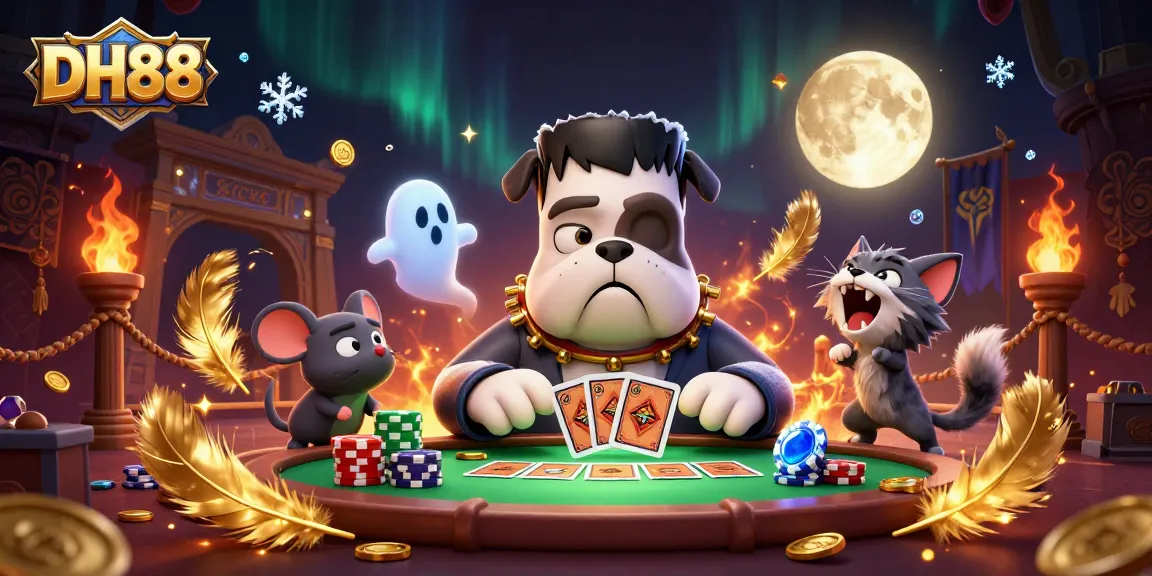 Engage with the thrilling world of DH88, featuring a Frankenstein bulldog dealer amidst mystical gaming elements.