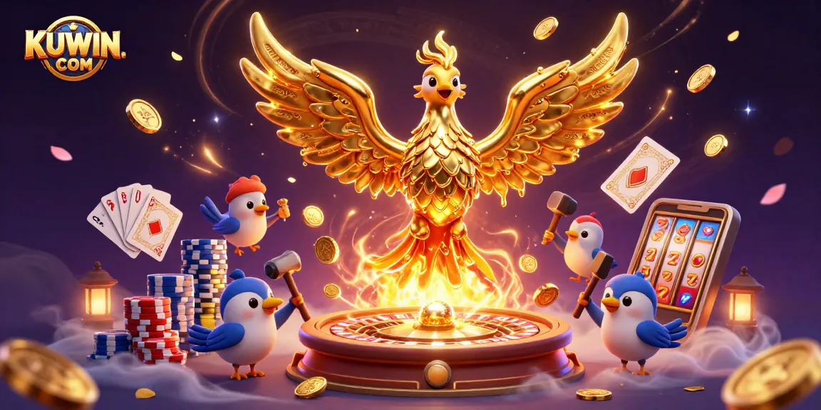 Engage with thrilling gameplay at KUWIN. COM featuring a dynamic golden phoenix in a rich casino setting.
