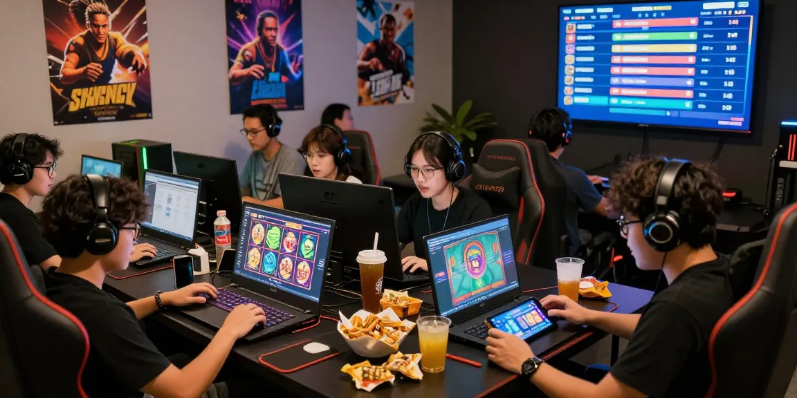 Exciting gameplay moment at situs slot deposit 10 ribu with players engaged around laptops and mobile devices.