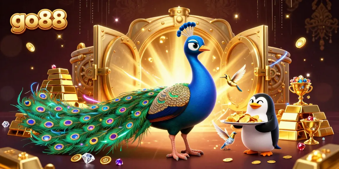 Experience the excitement at go88 with a vibrant casino scene featuring a peacock and treasures.