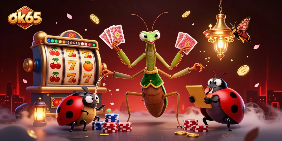 Experience thrilling gaming action with ok65's vibrant 3D illustration featuring dynamic slot reels and charming characters.