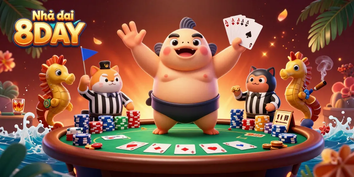 Experience thrilling gameplay with Nhà cái 8DAY's vibrant 3D casino illustration showcasing lively characters and familiar gaming elements.
