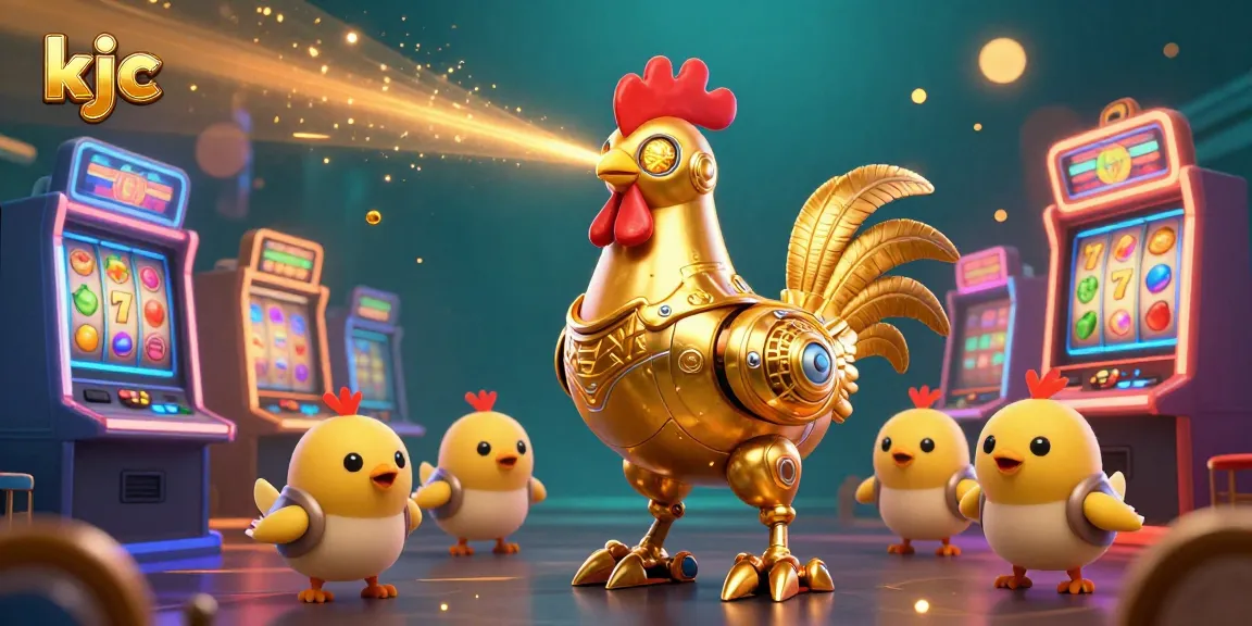 KJC casino illustration featuring a golden rooster robot and baby chick drones adorned with colorful slot machines.