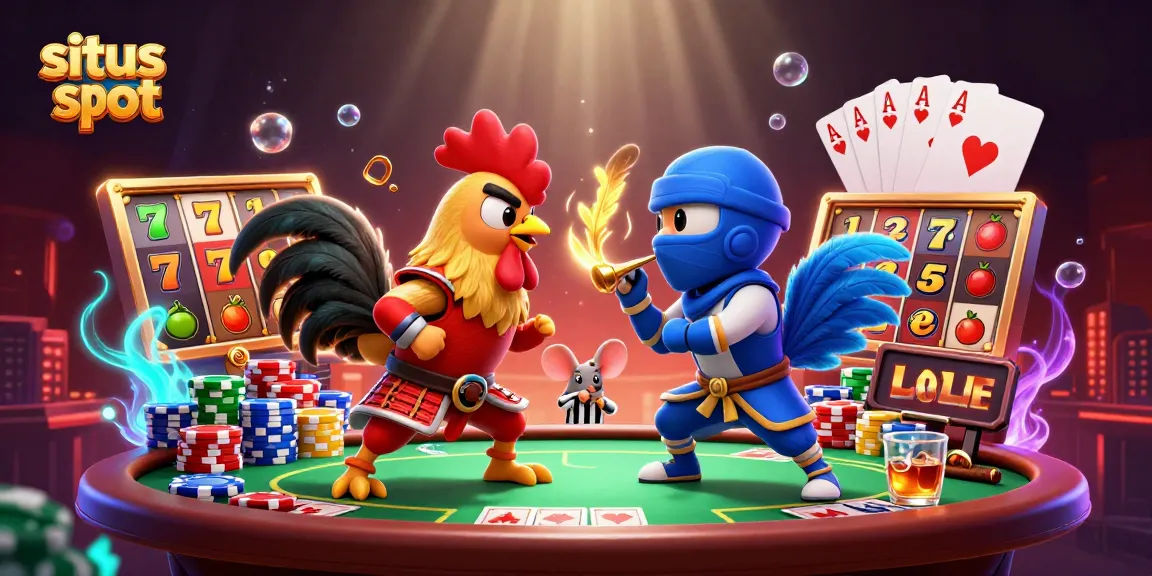 Experience exciting gameplay with situs slot featuring dynamic roosters and slot elements in a vibrant casino scene.