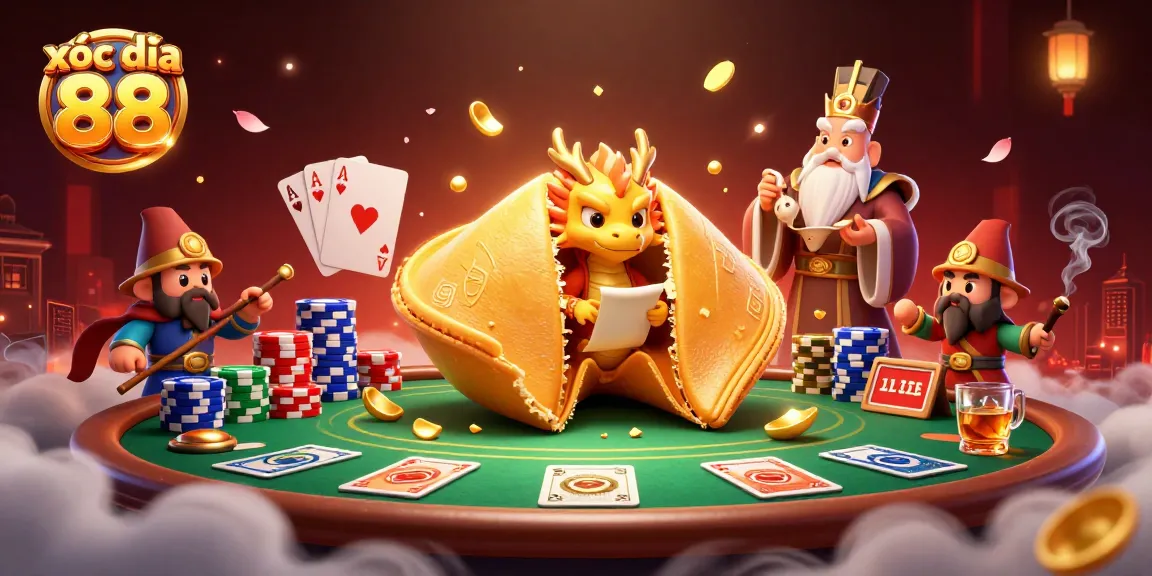 Xóc đĩa 88 dynamic scene with a golden fortune cookie and a wise dragon amidst colorful poker elements.