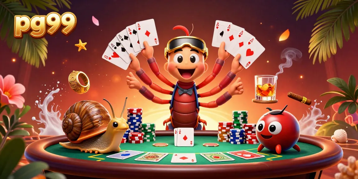 Experience thrilling gameplay at pg99 with a unique 3D casino scene featuring vibrant characters and poker elements.