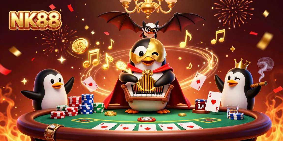 Experience thrilling gameplay at NK88 with a vibrant casino scene featuring a penguin and ace cards.