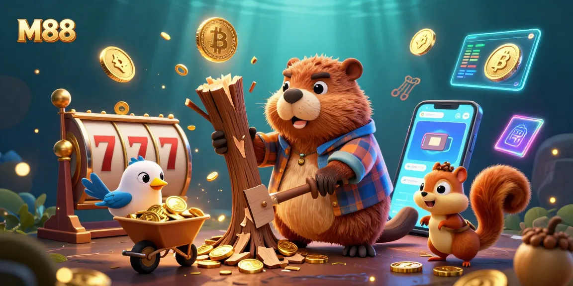 Experience thrilling gaming action with M88 as a whimsical beaver collects golden coins in this vibrant illustrated scene.