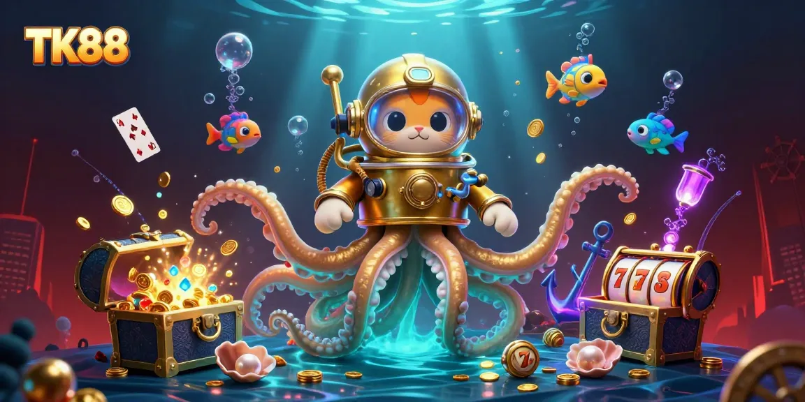 Engage in thrilling adventures at TK88 with a colossal kraken and casino elements in a vibrant underwater scene.