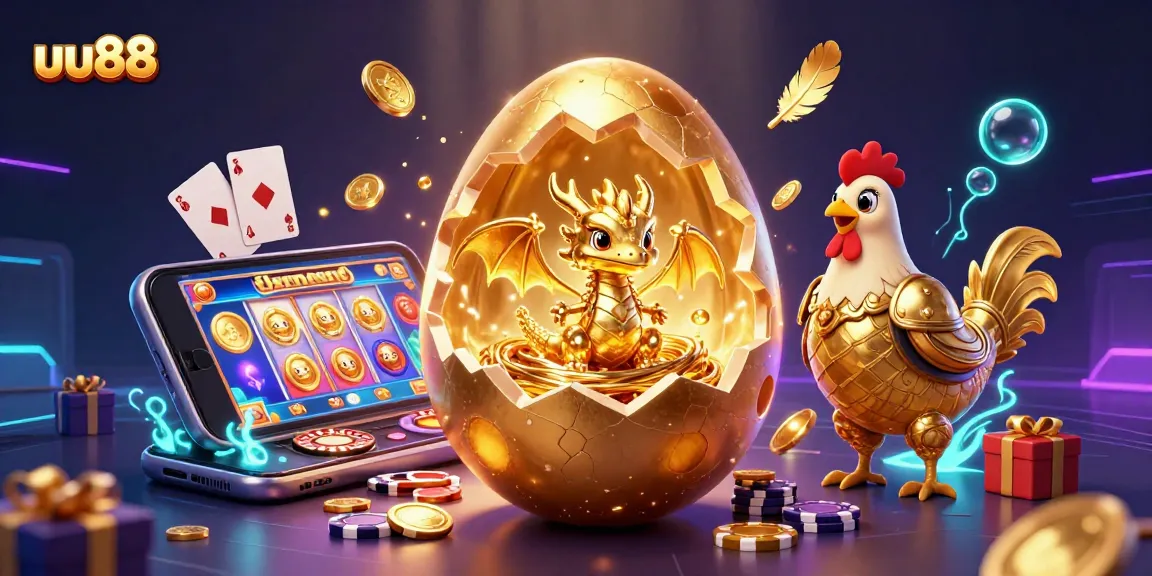 Experience thrilling gameplay with uu88: a golden dragon guarding poker chips amidst a vibrant slot scene.