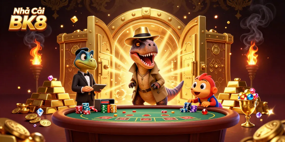 Engage with Nhà Cái BK8 while exploring a vibrant casino scene filled with treasures and lively characters.