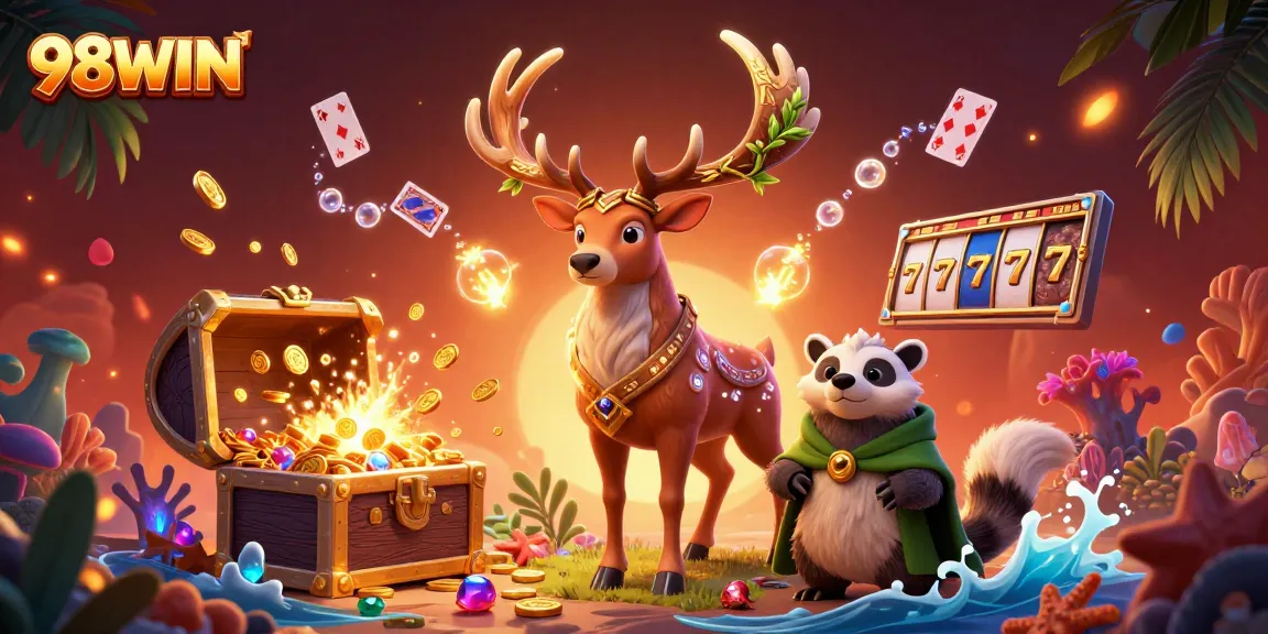 Experience 98WIN thrilling gaming action with vibrant characters and lucky symbols in this elaborate scene.