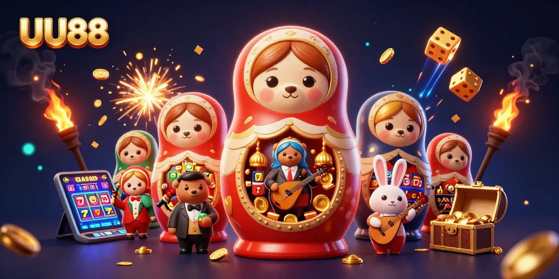 Join the excitement at UU88 with a vibrant casino scene filled with festive characters and dynamic gaming elements.