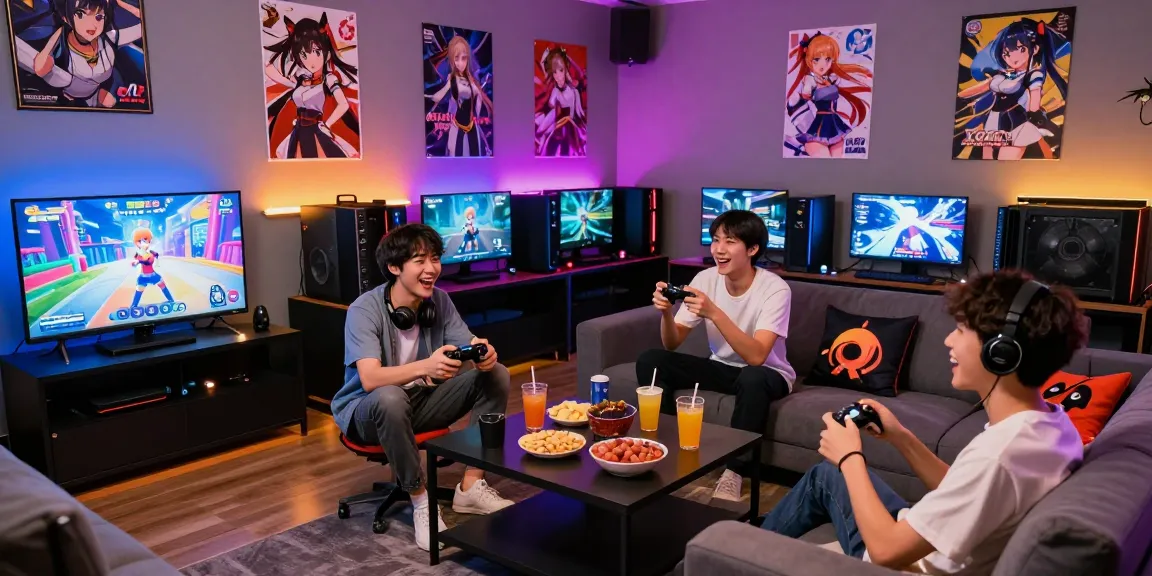 Diverse group enjoying online ecchi games in a colorful gaming lounge with vibrant decor