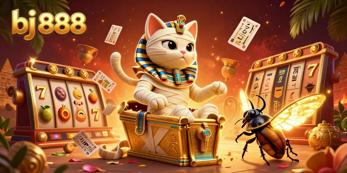 Experience the thrilling entertainment at bj 888 with a lively illustration of a mummy cat in a casino.