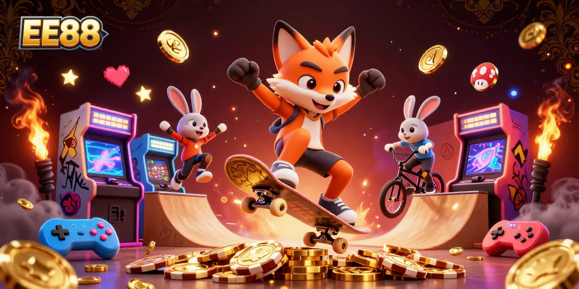 EE88 casino-themed illustration featuring a skateboarder fox and BMX rabbit in a vibrant casino setting.