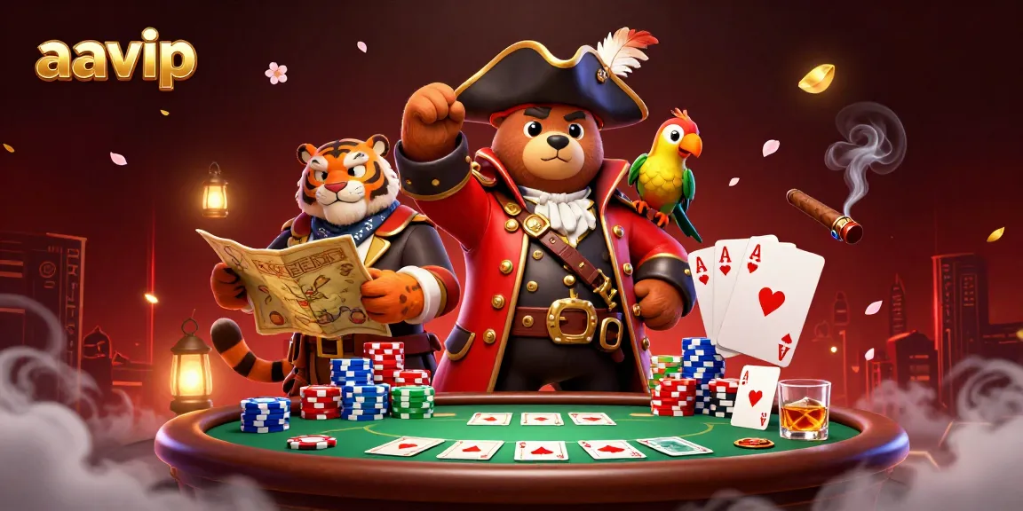 Play exciting games at AAVIP with a rich 3D scene of a pirate bear and friends around poker elements.