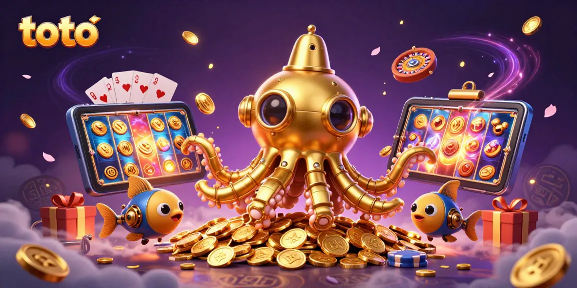 Win big with toto in a vibrant casino scene filled with golden coins and slot games.