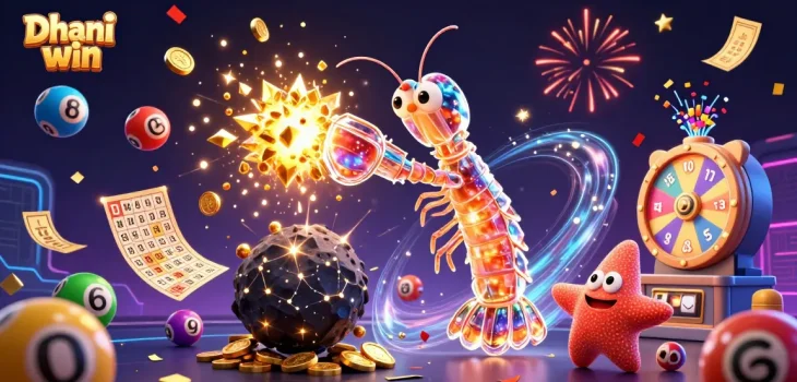 Dhani win gaming illustration featuring a galactic mantis shrimp and starfish in a dynamic lottery scene.