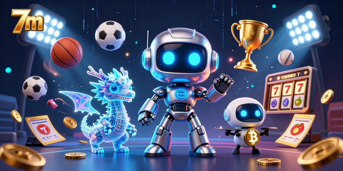 Engage with 7m gaming excitement featuring a cyberpunk robot, AI dragon, and bitcoin drone in a vibrant casino scene.