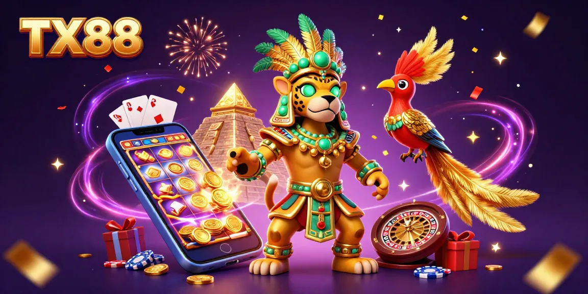 Engage with TX88 as a Mayan priest and quetzal bird showcase vibrant slot games and celebratory themes.