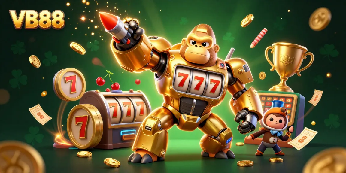 Experience the thrill of VB88 with spinning slot reels and golden gorillas in this dynamic casino scene.