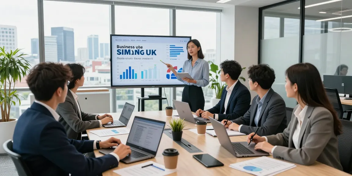 Team discussing business SIM only deals UK in a modern office setting.