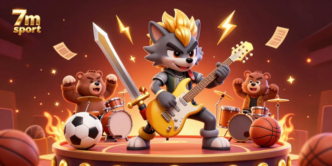 Bet on the excitement of 7m sport with an electrifying scene featuring a rock star wolf and a wild drummer bear.