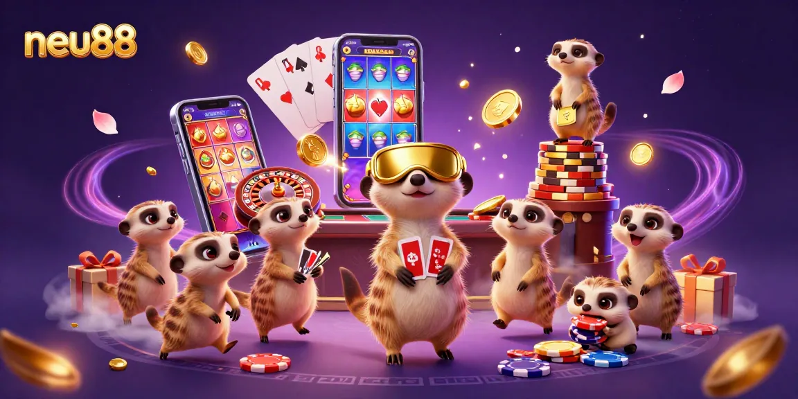 Experience the thrill of neu88 with meerkats running a lively casino in a vibrant 3D scene.
