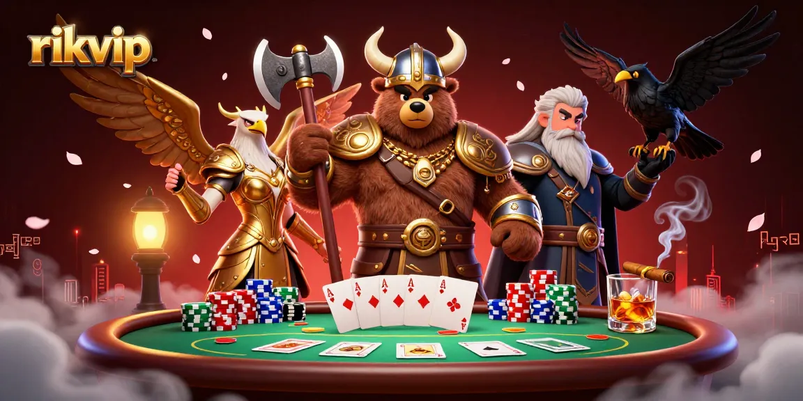 Engage in thrilling poker at rikvip with a vibrant showdown featuring Viking characters and casino elements.