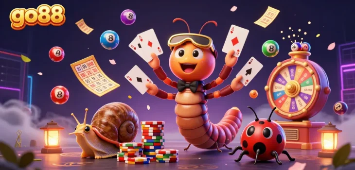 Experience go88's thrilling gameplay as a snail high-roller pushes chips, surrounded by colorful lottery elements.