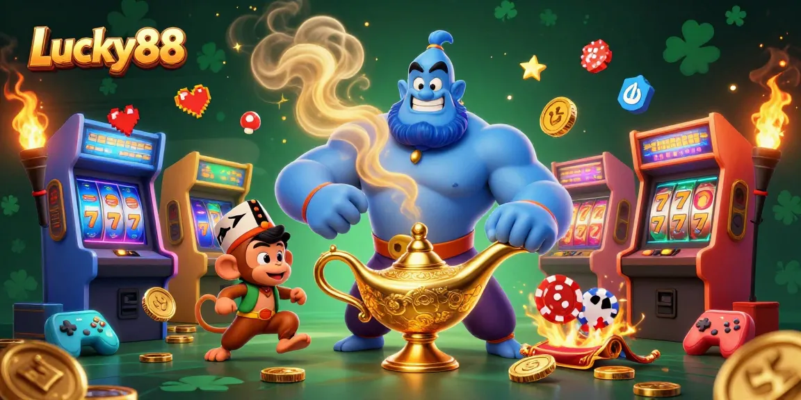 Experience the excitement of Lucky88 with a genie, monkey, and slot theme in a vibrant casino setting.