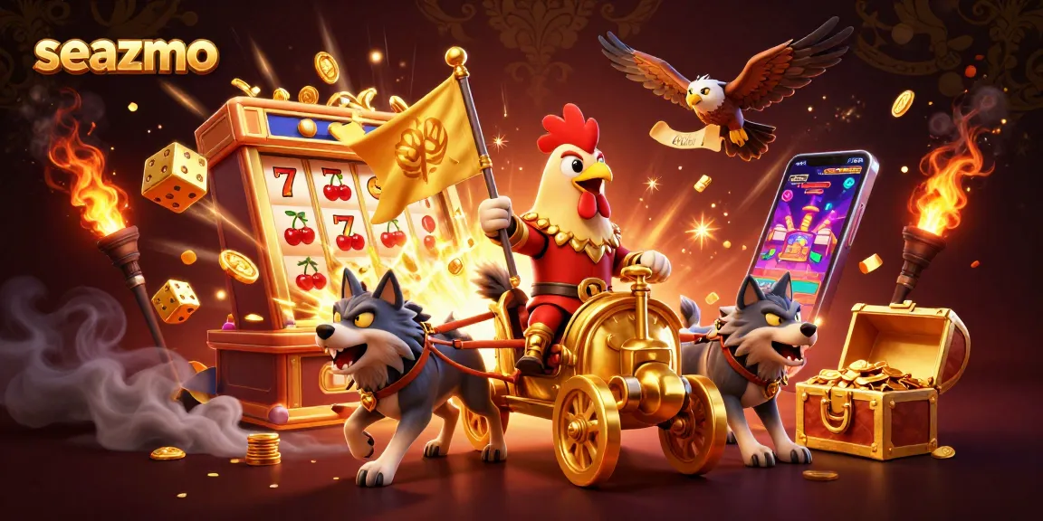 Experience seazmo with a dynamic rooster warlord scene amidst casino excitement and gold.