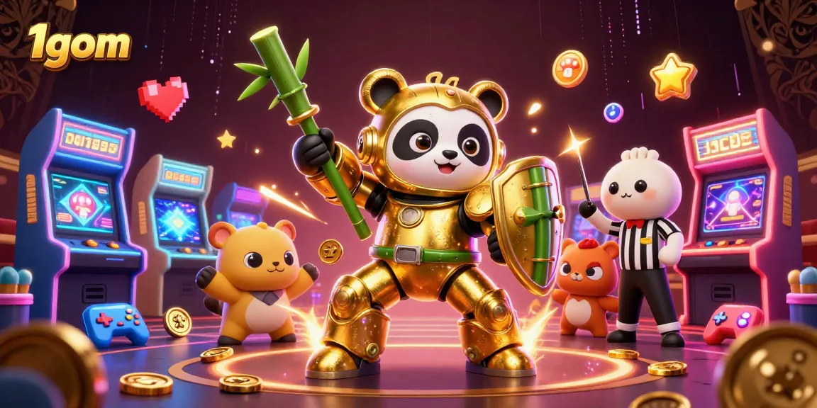 Engage in exciting gameplay with 1gom, showcasing a mech-suit panda in a vibrant casino arena.