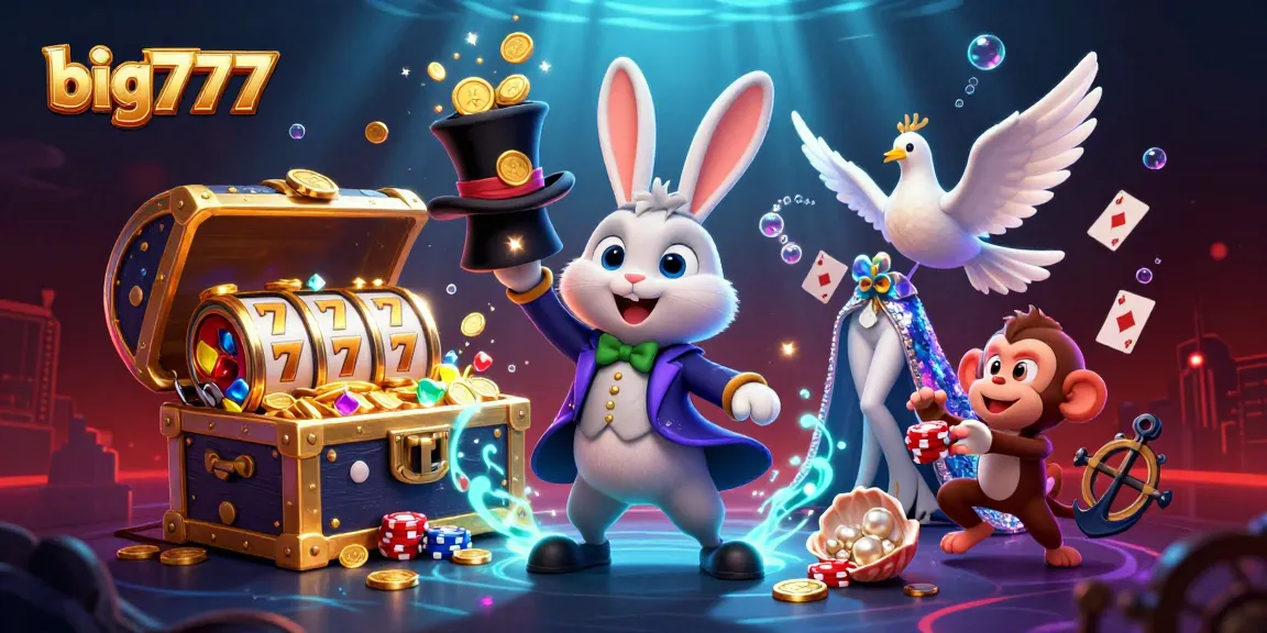 Engage in the fun of big777 slots, where a magician rabbit reveals golden coins while surrounded by vibrant casino elements.