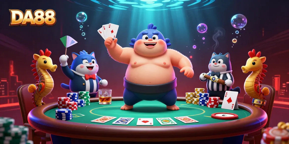 DA88 highlights poker action with animated fugu and catfish in vibrant underwater casino scene.