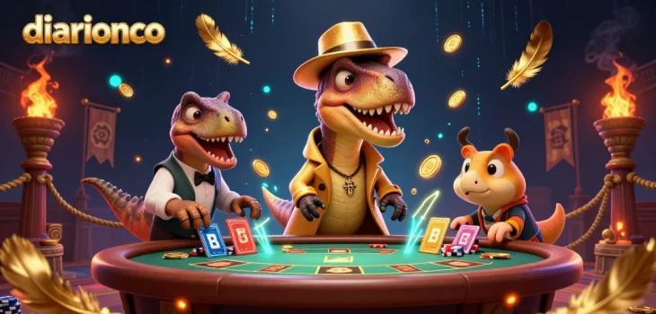 Dive into the vibrant gaming world of diarionco, where a velociraptor card counter blends into the excitement of the casino scene.