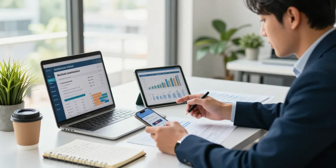 Explore the cheapest merchant cash advance in UK with a business owner calculating financial options in a modern office.