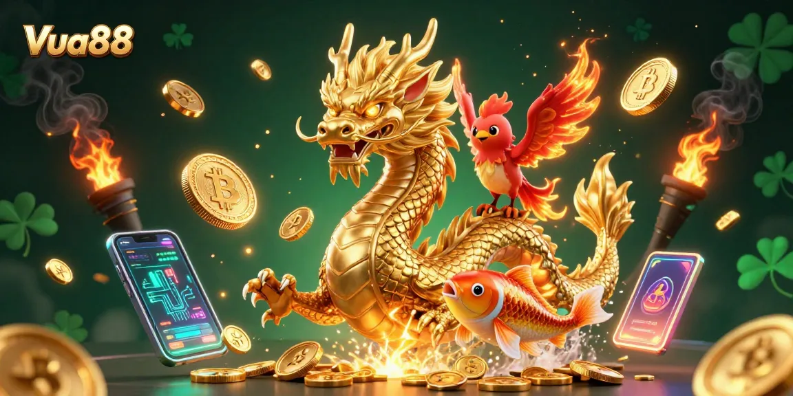 Engage with Vua88's thrilling gaming adventure featuring a dragon, phoenix, and koi fish.