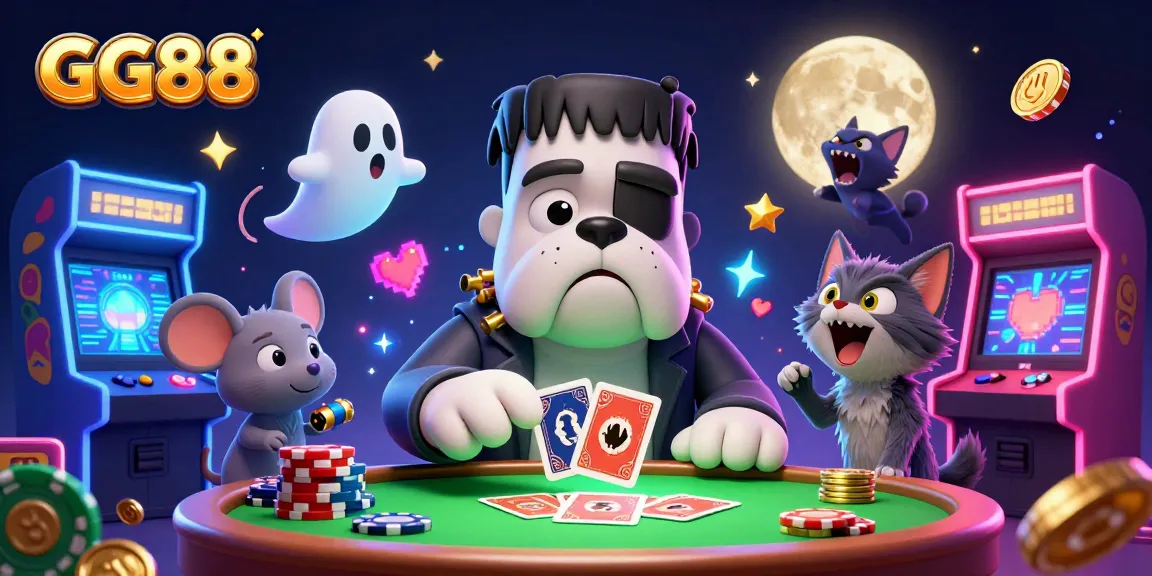 Experience thrilling card games at GG88 with a lively 3D scene featuring unique characters and vibrant casino elements.
