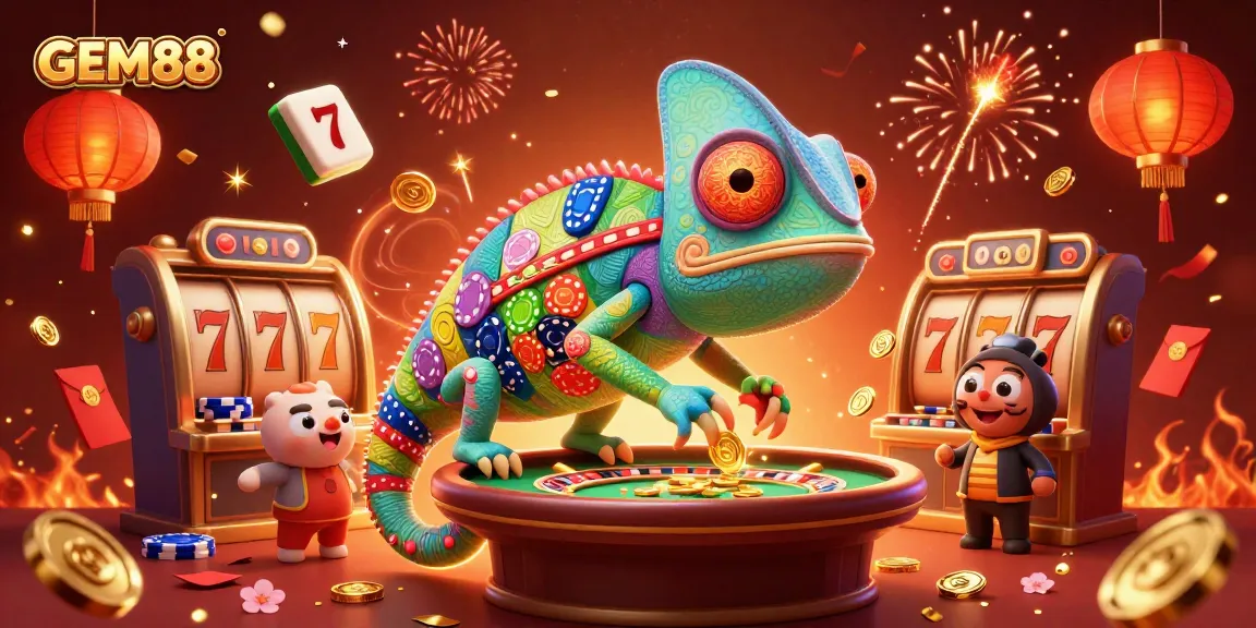 Experience thrilling gaming action with GEM88 as the chameleon casino owner captures golden coins among vibrant slot machines.