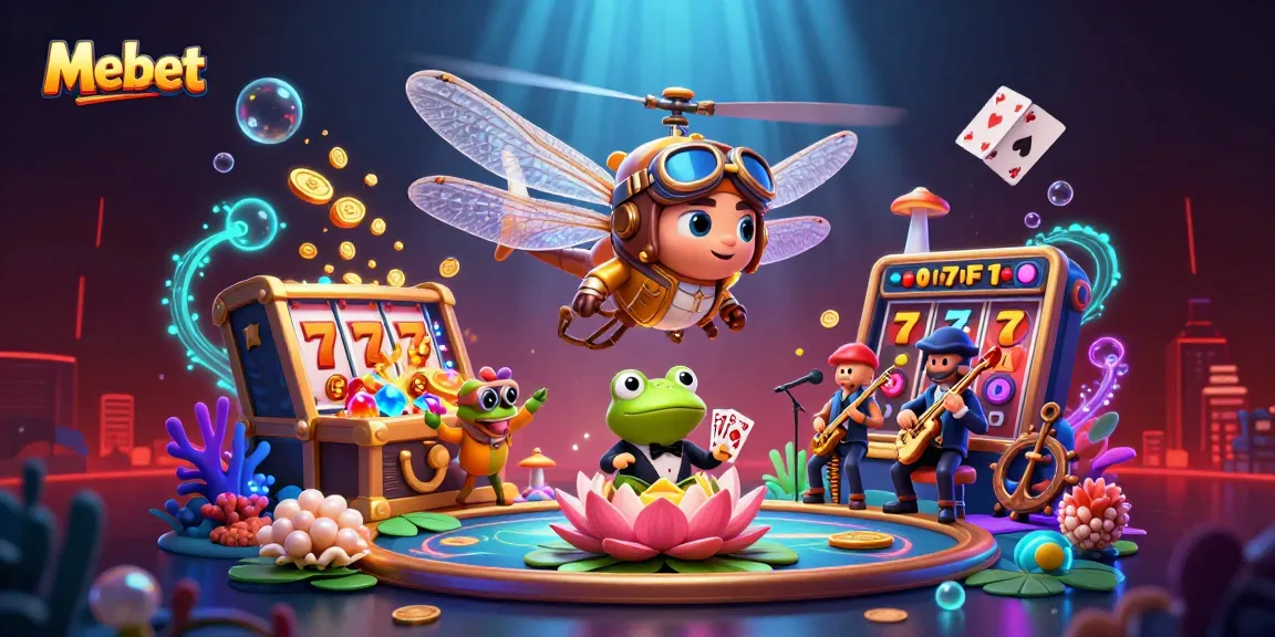 Mebet features an imaginative casino scene with a dragonfly pilot and frog croupier dealing cards.