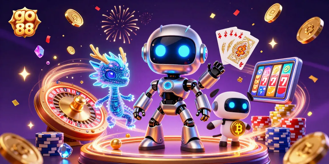 Engage in the thrilling world of go 88 with a vibrant casino-themed illustration showcasing a cyberpunk robot and holographic companions.