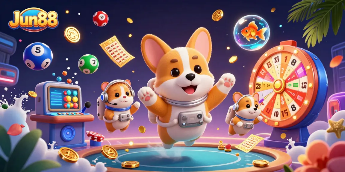 Experience Jun88’s vibrant casino atmosphere through a dynamic floating scene with playful characters and lottery excitement.